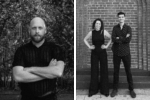 Left image: a bald man with a beard, arms crossed, standing in a leafy garden wearing a black striped shirt. Right image: a woman and a man pose against a brick wall; she wears a sleeveless black top and wide-leg pants, he wears a black patterned shirt and dark pants.