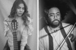 Two black-and-white portraits side by side: a woman with a guitar, wearing a ruffled shirt, looking at the camera on the left; a bearded man with glasses and a string instrument on the right.