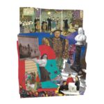 Collage of vintage images including musicians, a bust, paintings, and colorful shapes arranged in a layered montage.