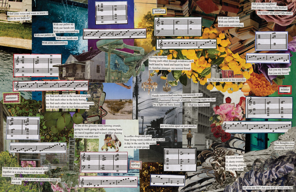 WU SWDS score 17 x 11 B Wild Up Collage of Colorful Images with Scattered Musical Staff Snippets and Poetic Lines About Seasons and Connection